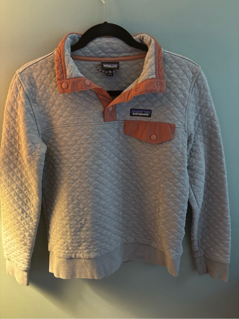Patagonia Woman’s Quilted Pullover Sweater - Light Gray with Rust Trim